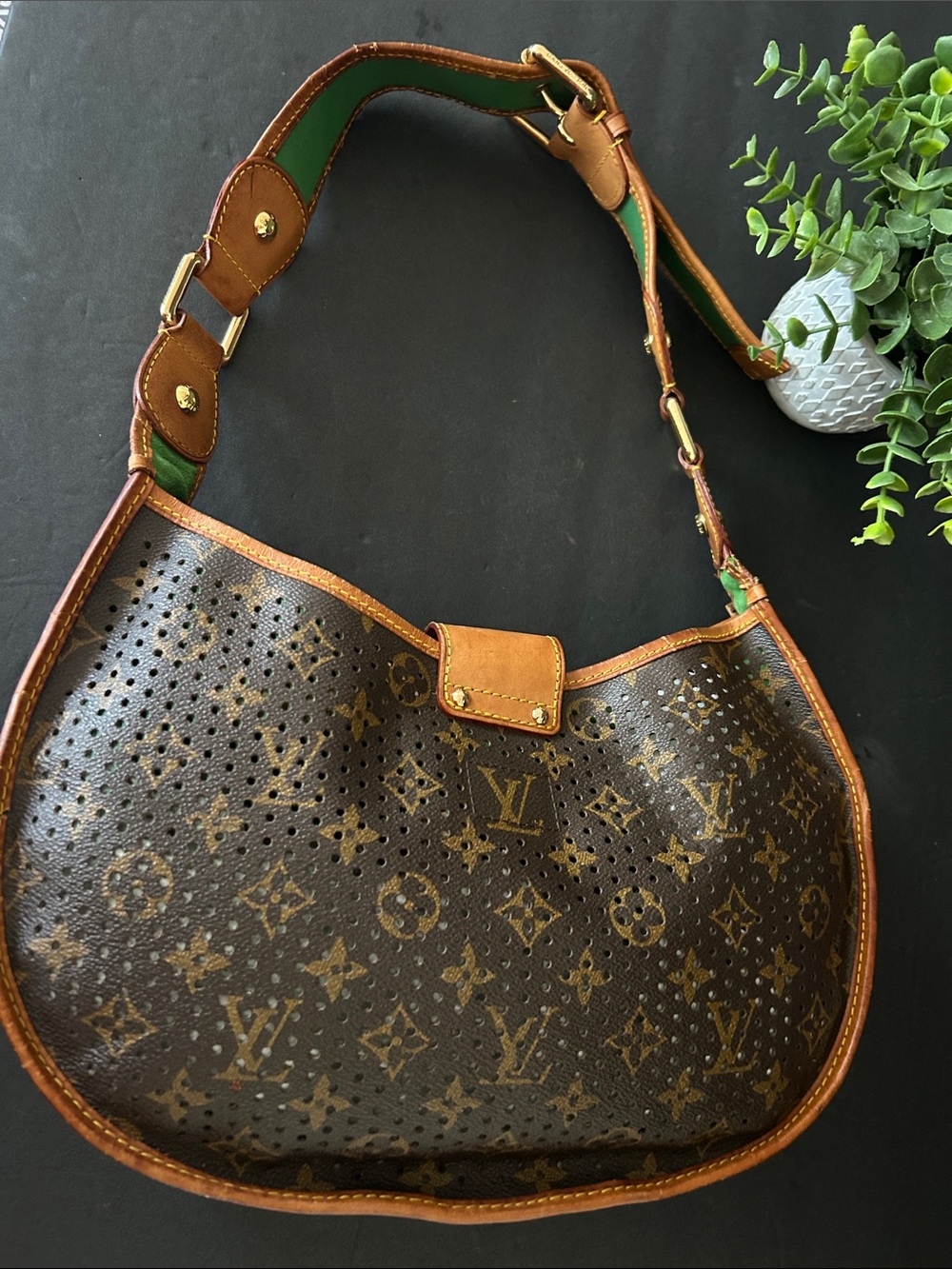Beautiful Brown Monogram Shoulder Bag with Green Accents - Picture 4 of 17